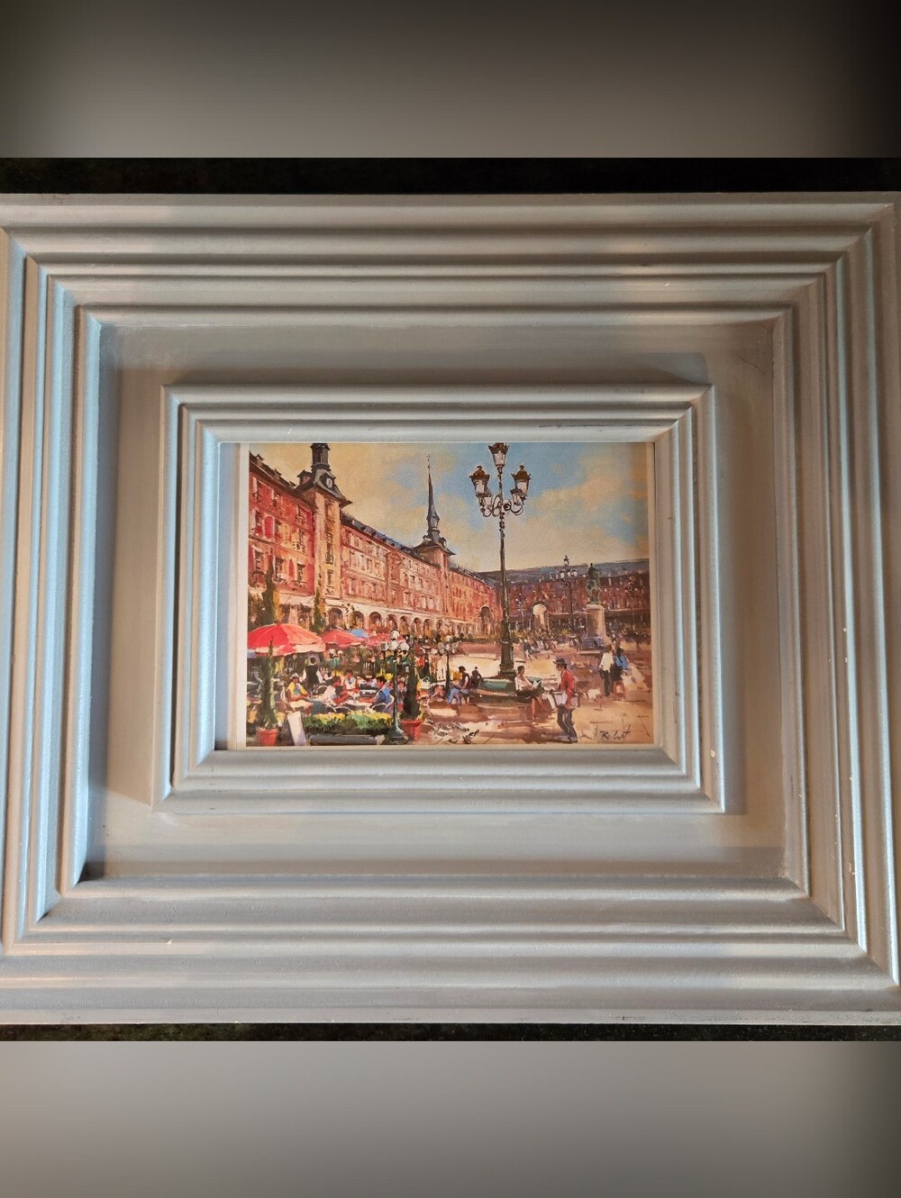 Framed European Street Market Plaza Mayor Madrid Painting - Gray Frame